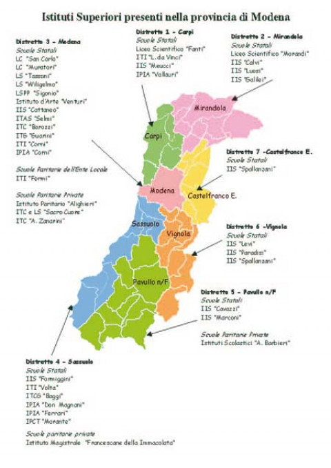 Cartina della provincia di Modena divisa per Distretti Scolastici