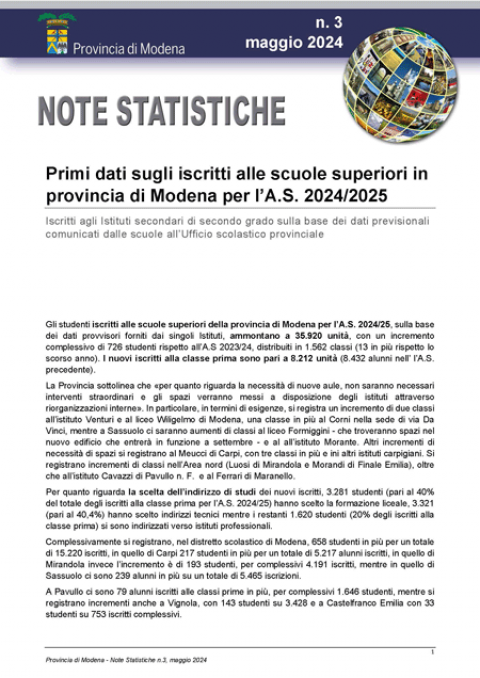 Copertina - Note statistiche n.3 - maggio 2024